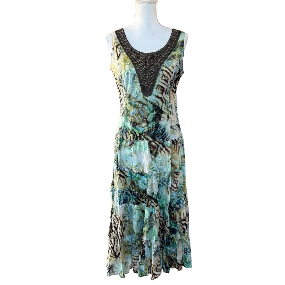 Reba Beaded V Neck Tiered Midi Dress Abstract Print Green Blue Women's Size 6